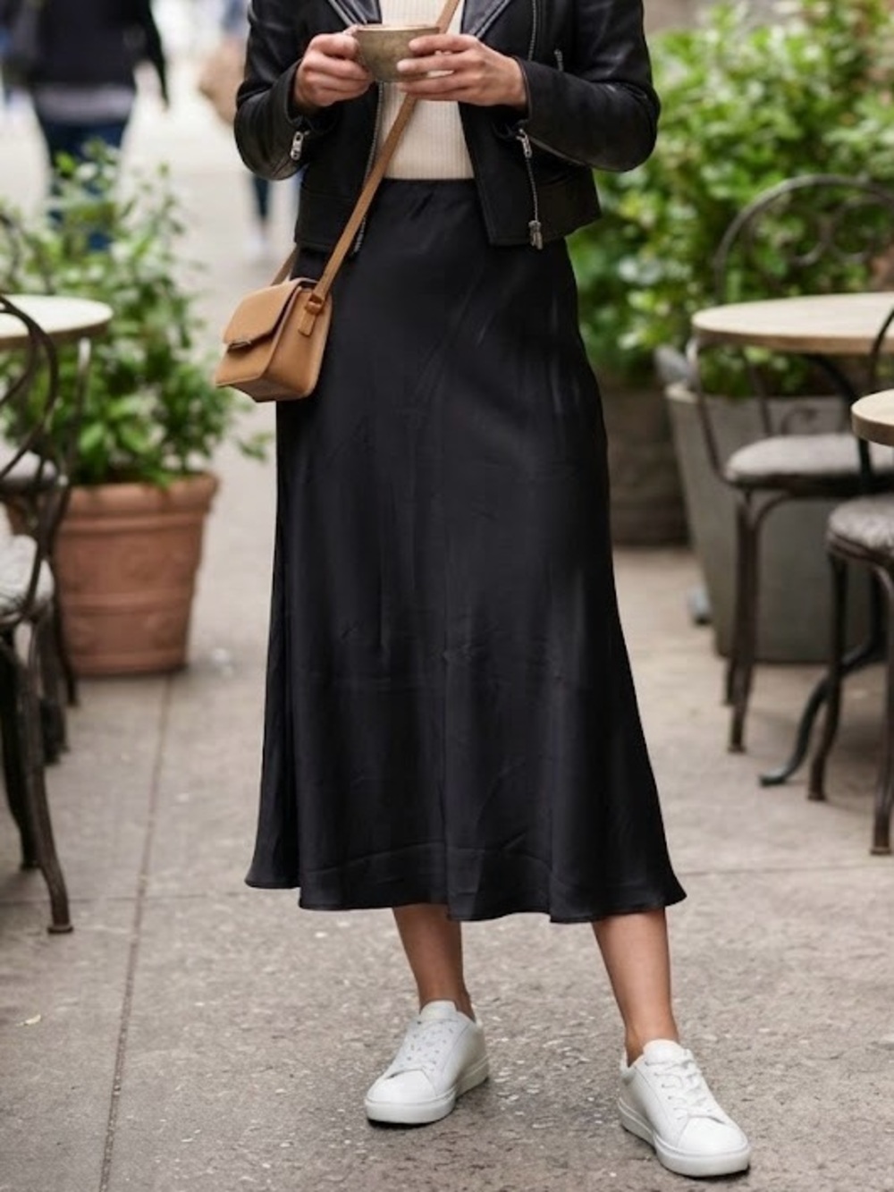 BTFBM Black Satin Midi Skirt Silky Slip High Rise Elastic Waist Minimalist